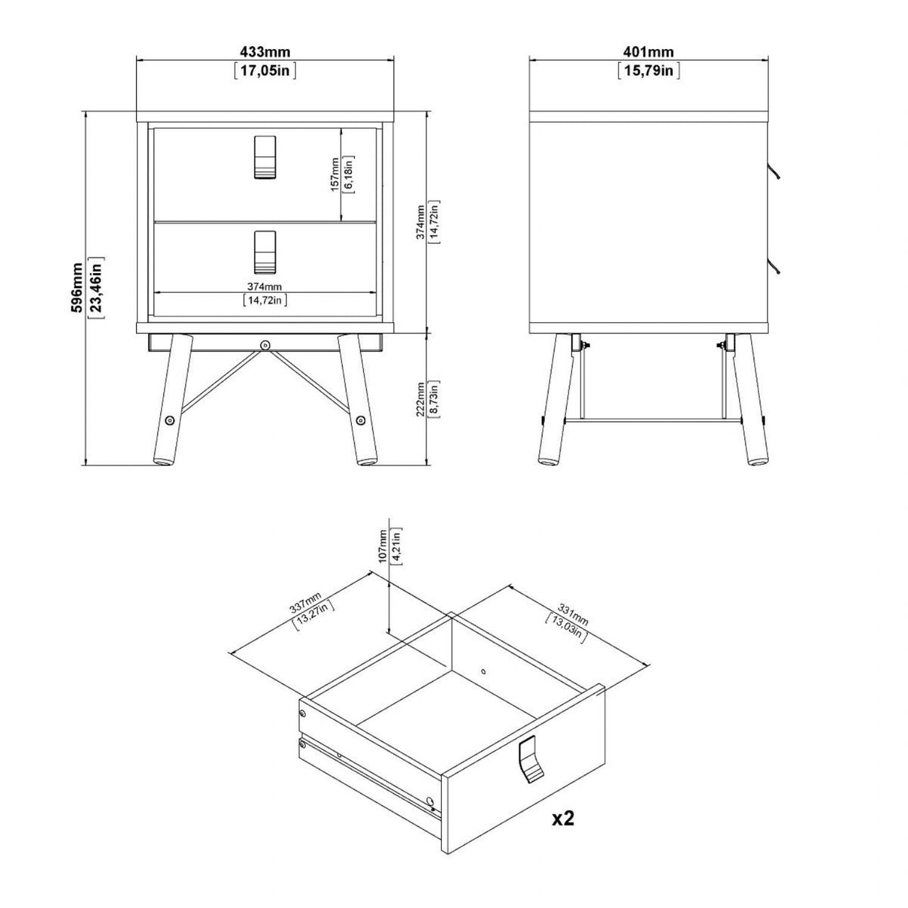 Ry Package Wardrobe 3 doors + 3 drawers + Double chest of drawers 6 drawers + Bedside cabinet 2 drawer in Matt White