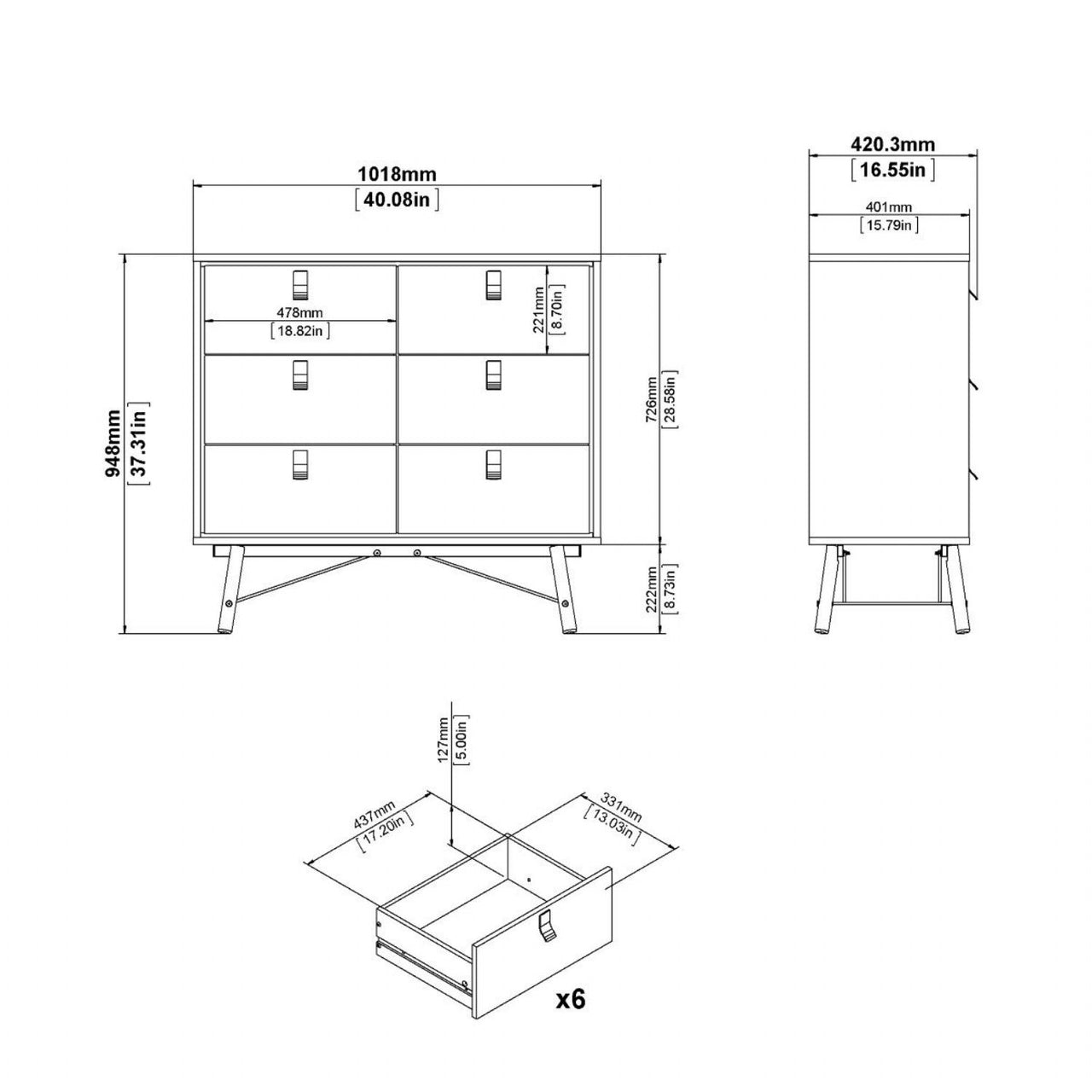 Ry Package Wardrobe 3 doors + 3 drawers + Double chest of drawers 6 drawers + Bedside cabinet 2 drawer in Matt White