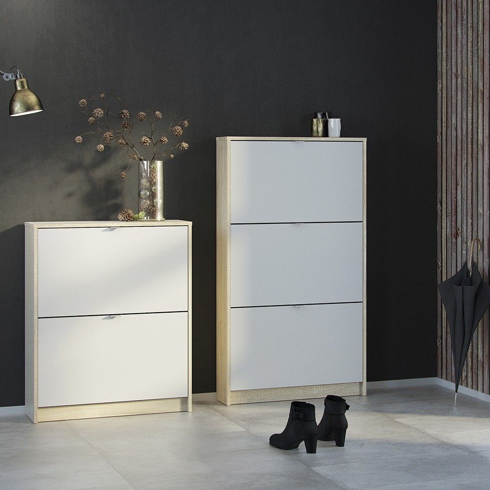 White and Light Oak Hall Wall Shoes Cabinet 3 Tilting Drop Down Doors