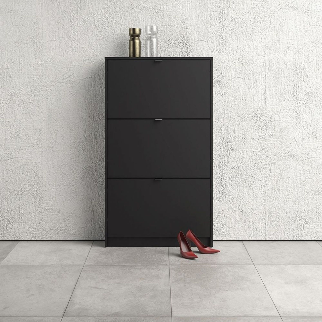 Matt Black Hall Wall Shoes Cabinet 3 Tilting Drop Down Doors 1 Layer