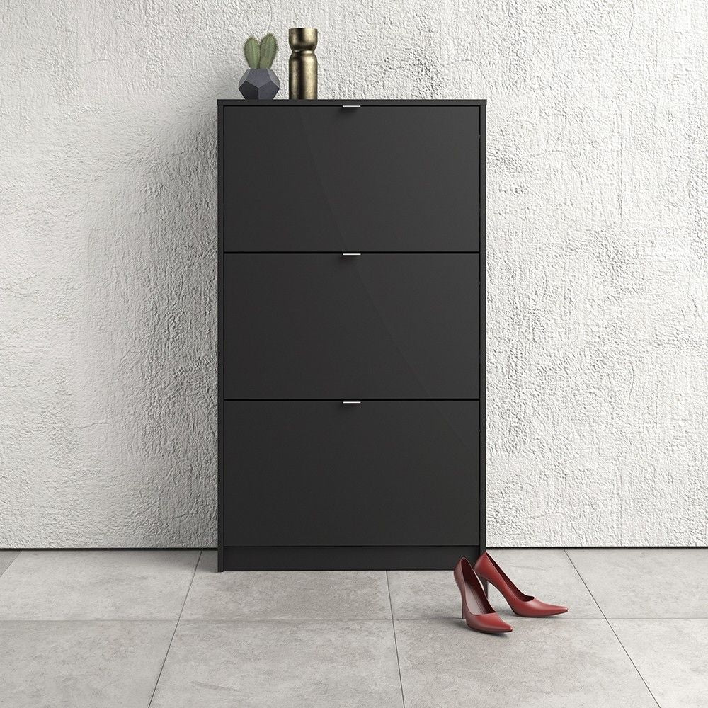 Matt Black Shoe Storage Cabinet Cupboard With 3 Tilting Doors