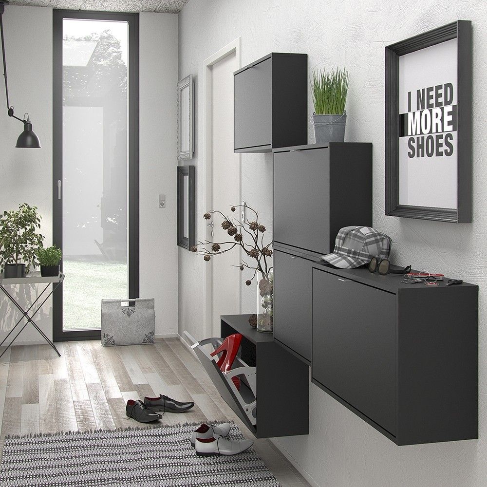 Matt Black Shoe Storage Cabinet Cupboard With 3 Tilting Doors