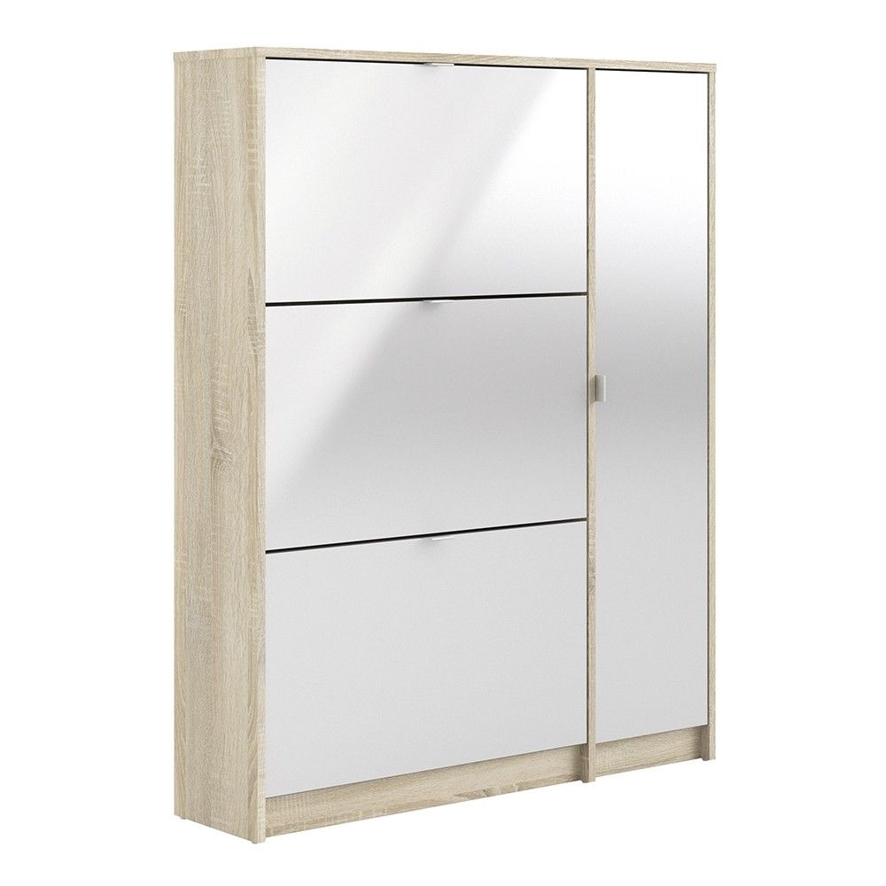 Oak White High Gloss Shoe Cabinet 3 Tilting Doors 2 Layers 1 Door