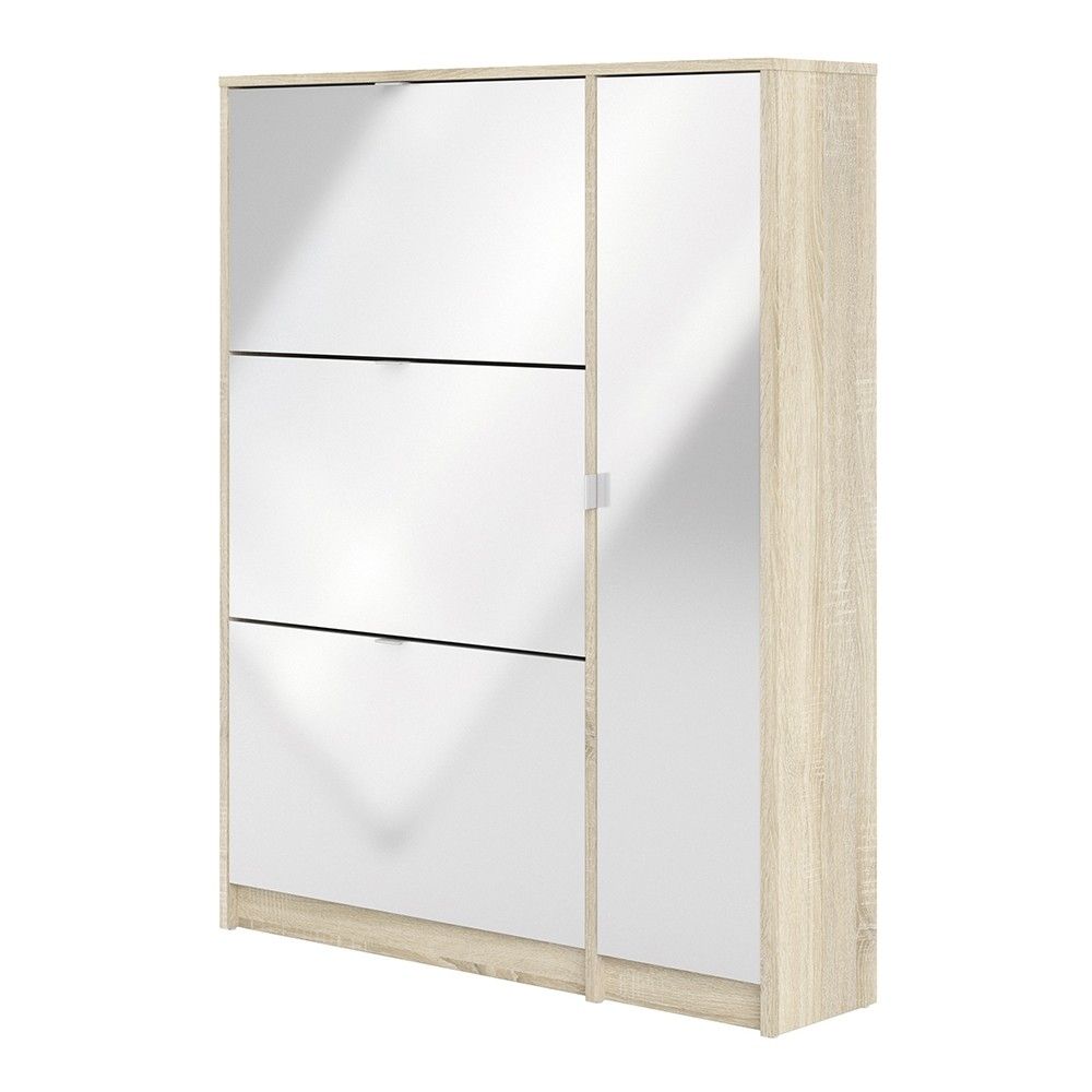 Oak White High Gloss Shoe Cabinet 3 Tilting Doors 2 Layers 1 Door