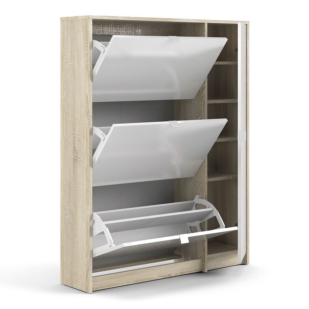 Oak White High Gloss Shoe Cabinet 3 Tilting Doors 2 Layers 1 Door