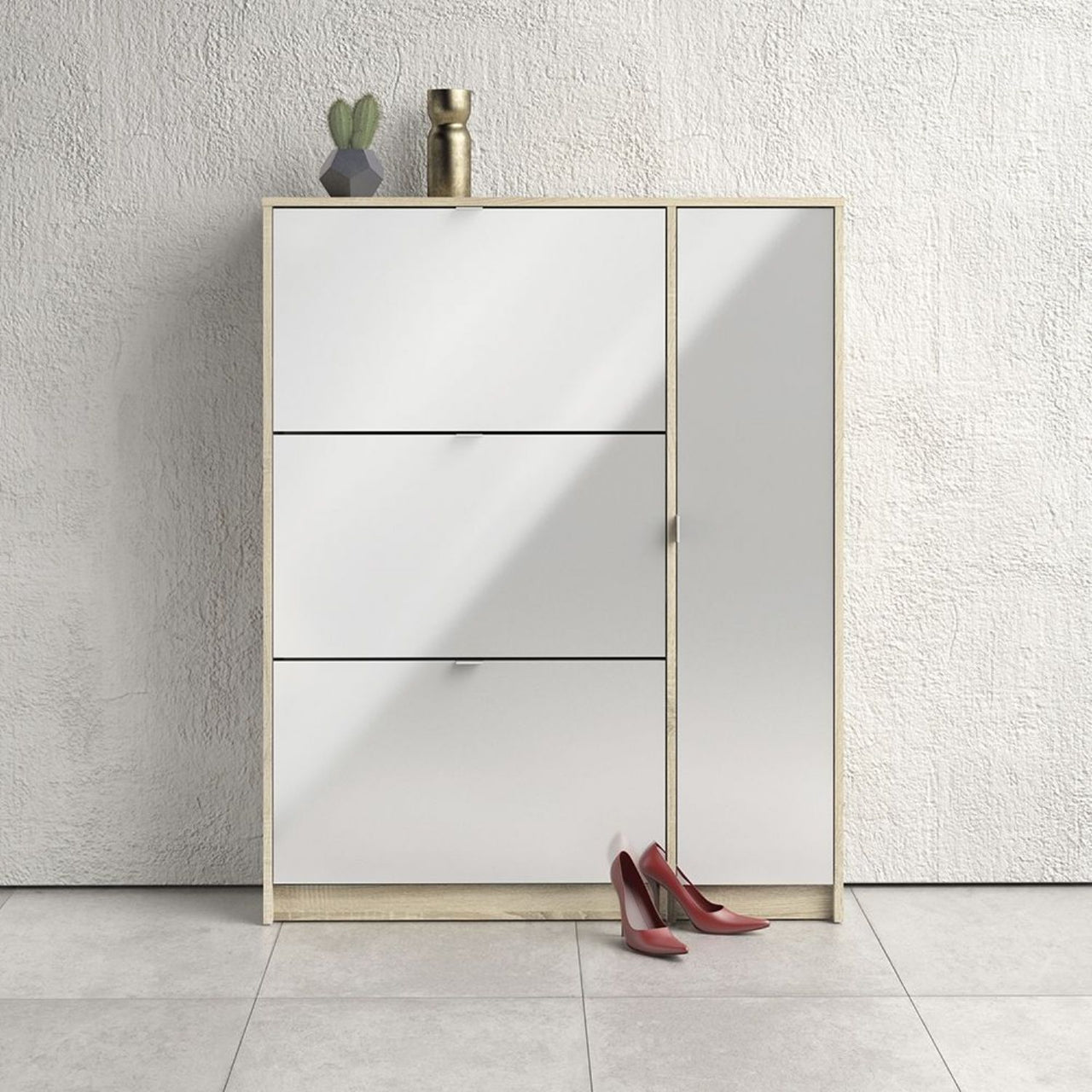 Oak White High Gloss Shoe Cabinet 3 Tilting Doors 2 Layers 1 Door