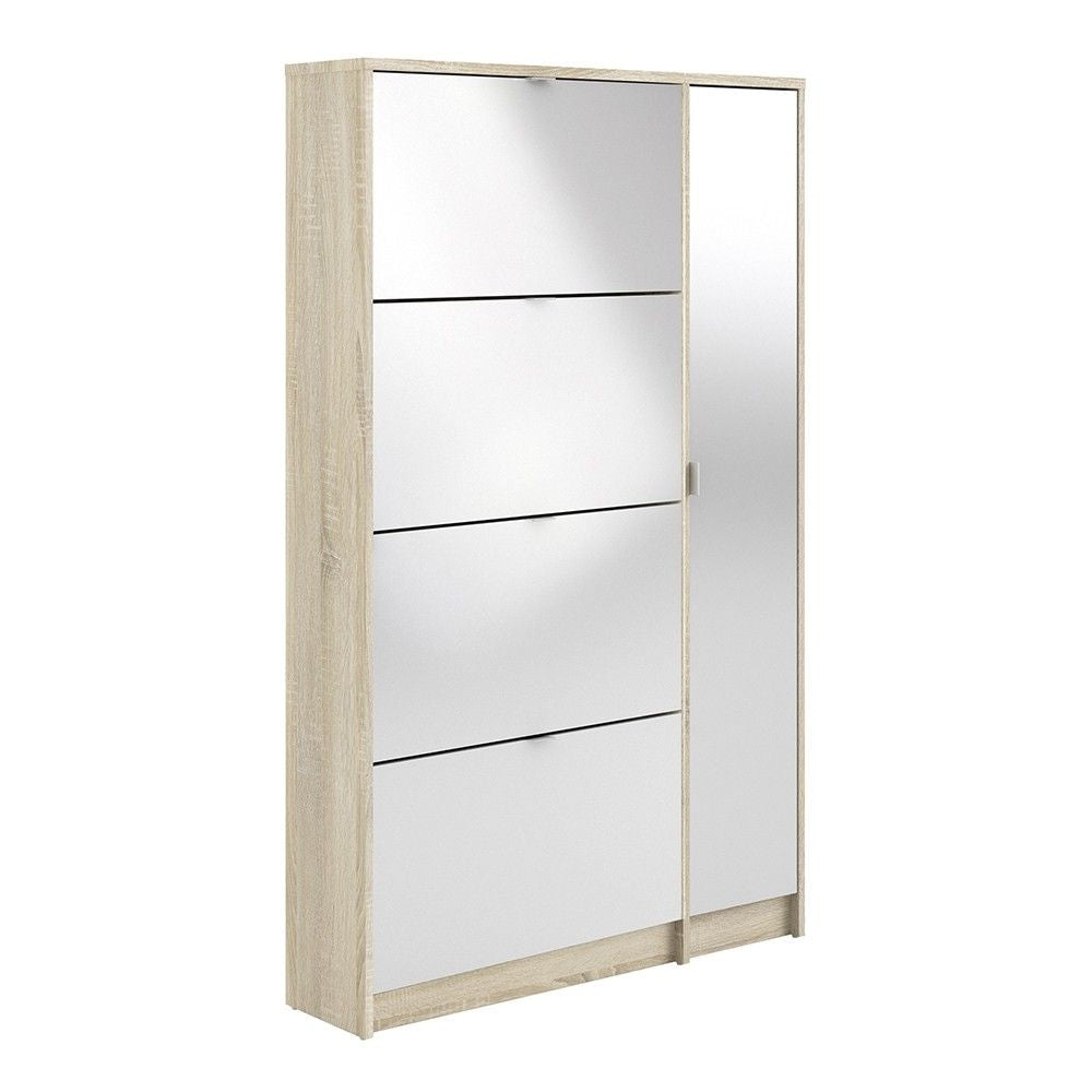 Oak Trimmed Shoe Cabinet With 4 Tilting White High Gloss Doors and 1 Mirror Door