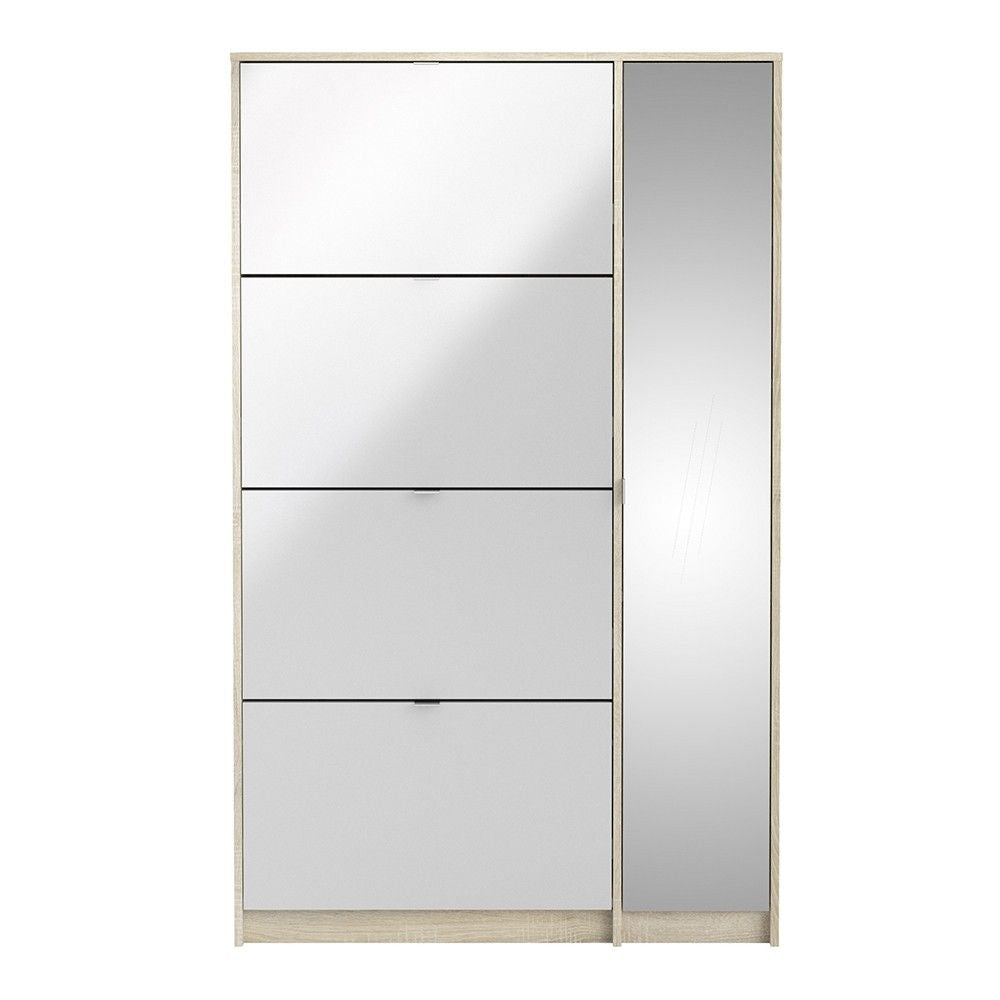 Oak Trimmed Shoe Cabinet With 4 Tilting White High Gloss Doors and 1 Mirror Door