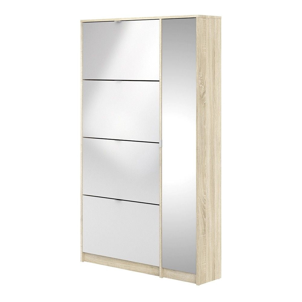 Oak Trimmed Shoe Cabinet With 4 Tilting White High Gloss Doors and 1 Mirror Door