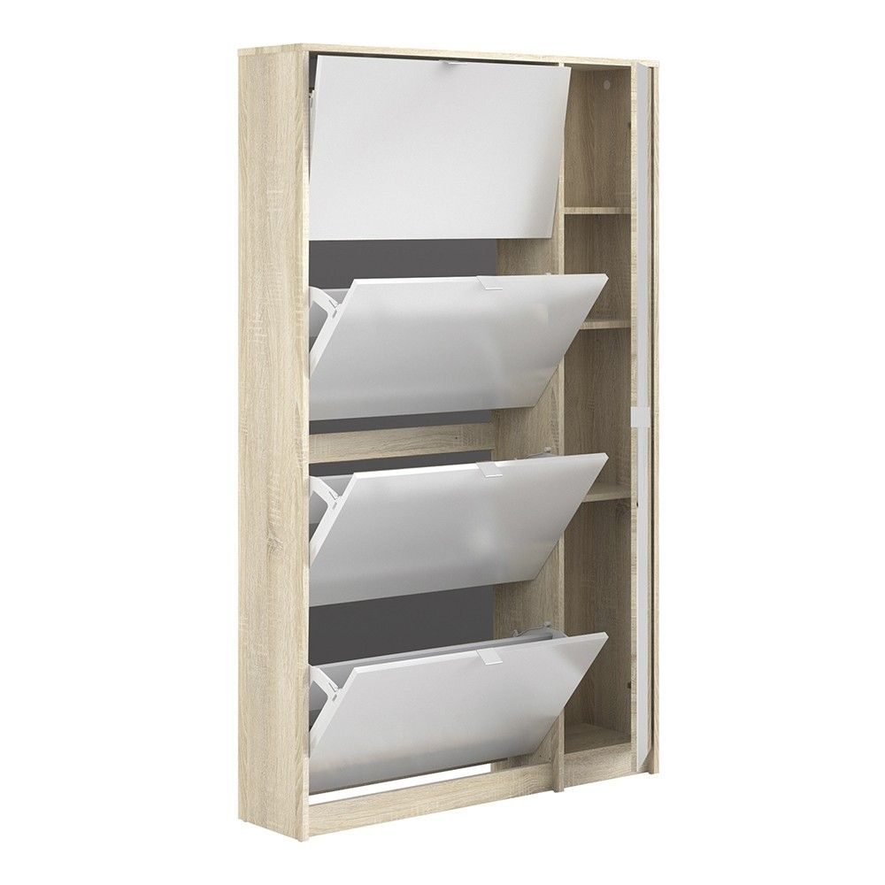 Oak Trimmed Shoe Cabinet With 4 Tilting White High Gloss Doors and 1 Mirror Door