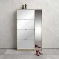 Thumbnail for Oak Trimmed Shoe Cabinet With 4 Tilting White High Gloss Doors and 1 Mirror Door