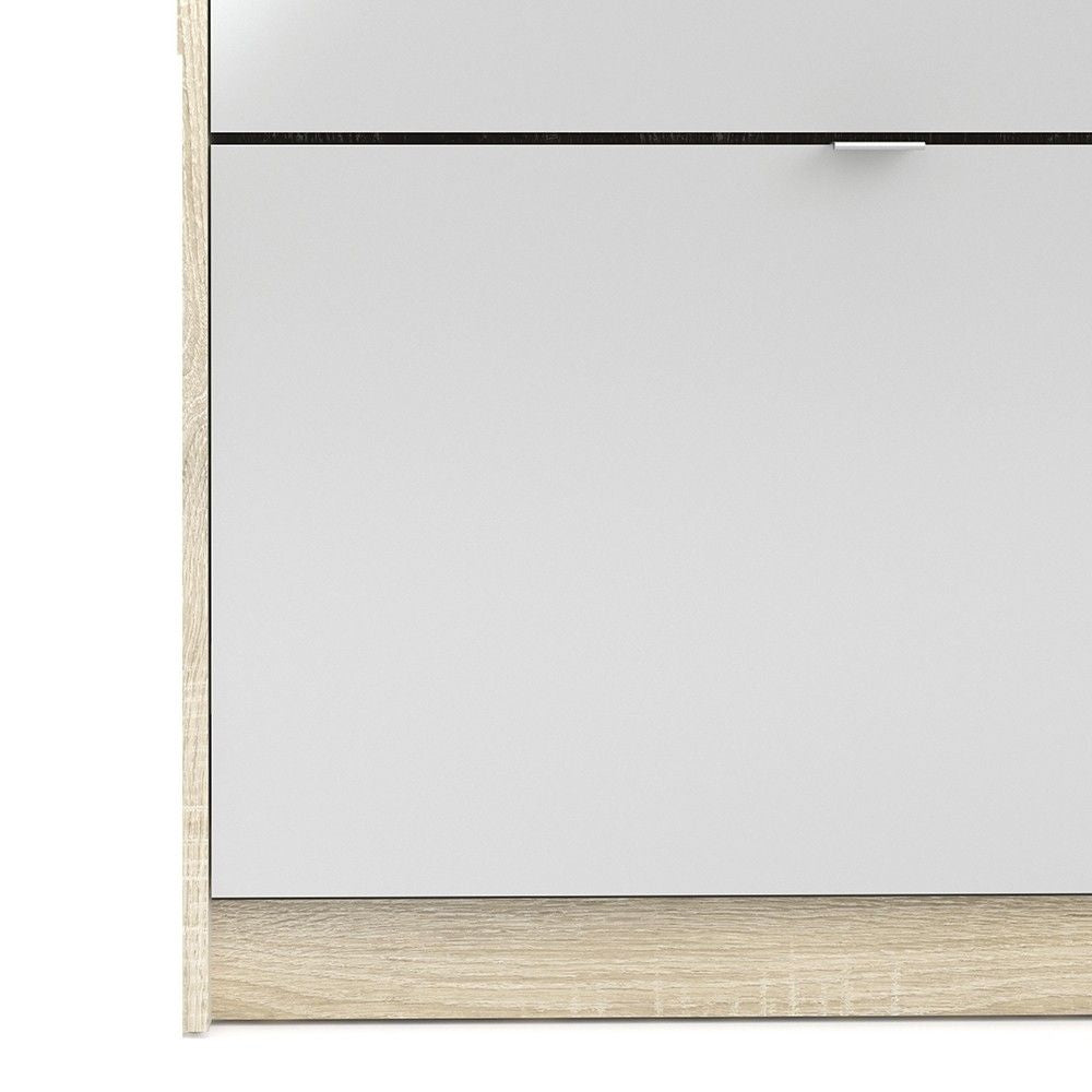 Oak Trimmed Shoe Cabinet With 4 Tilting White High Gloss Doors and 1 Mirror Door