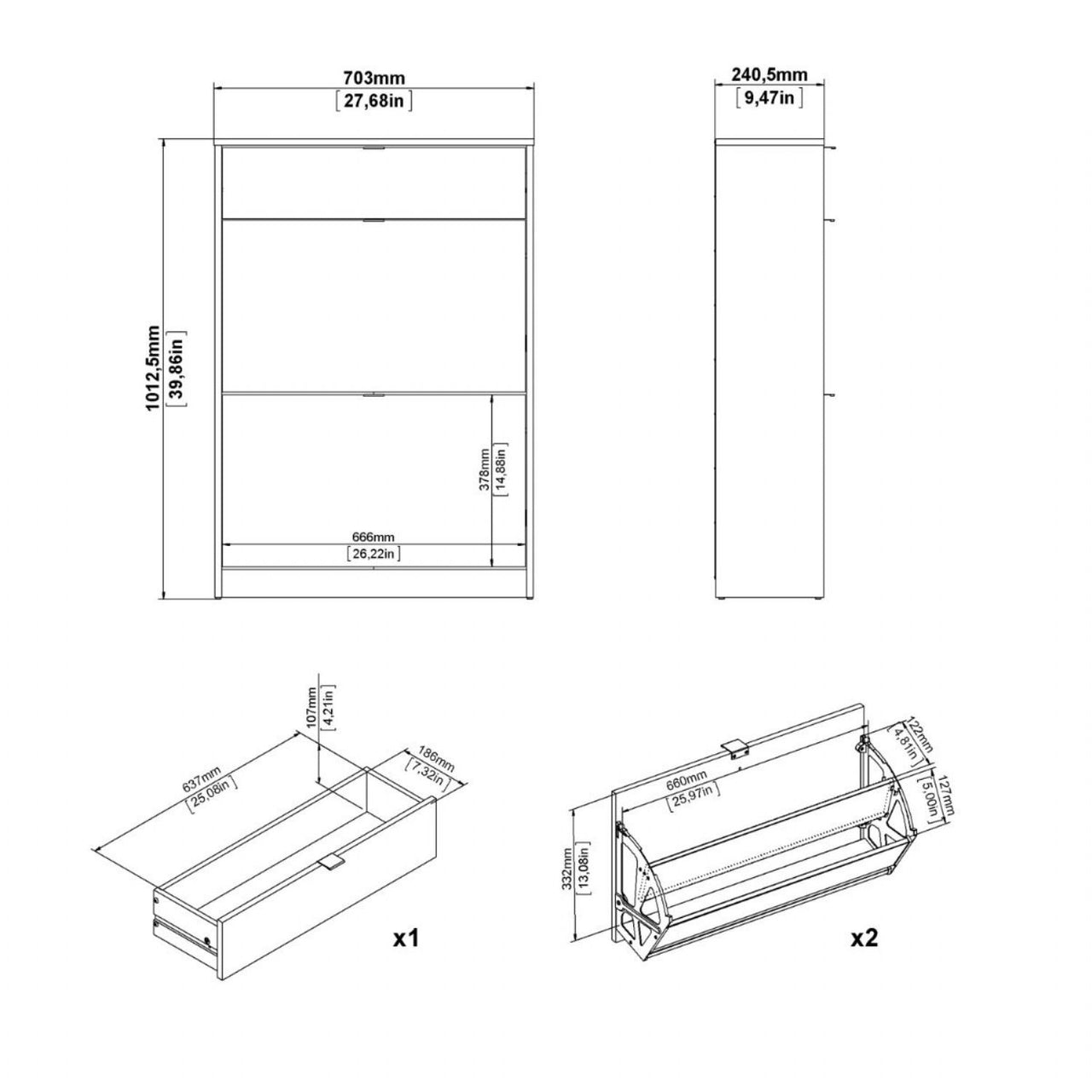 Shoes Shoe Cabinet 2 Flip Down Doors + 1 Drawer in White