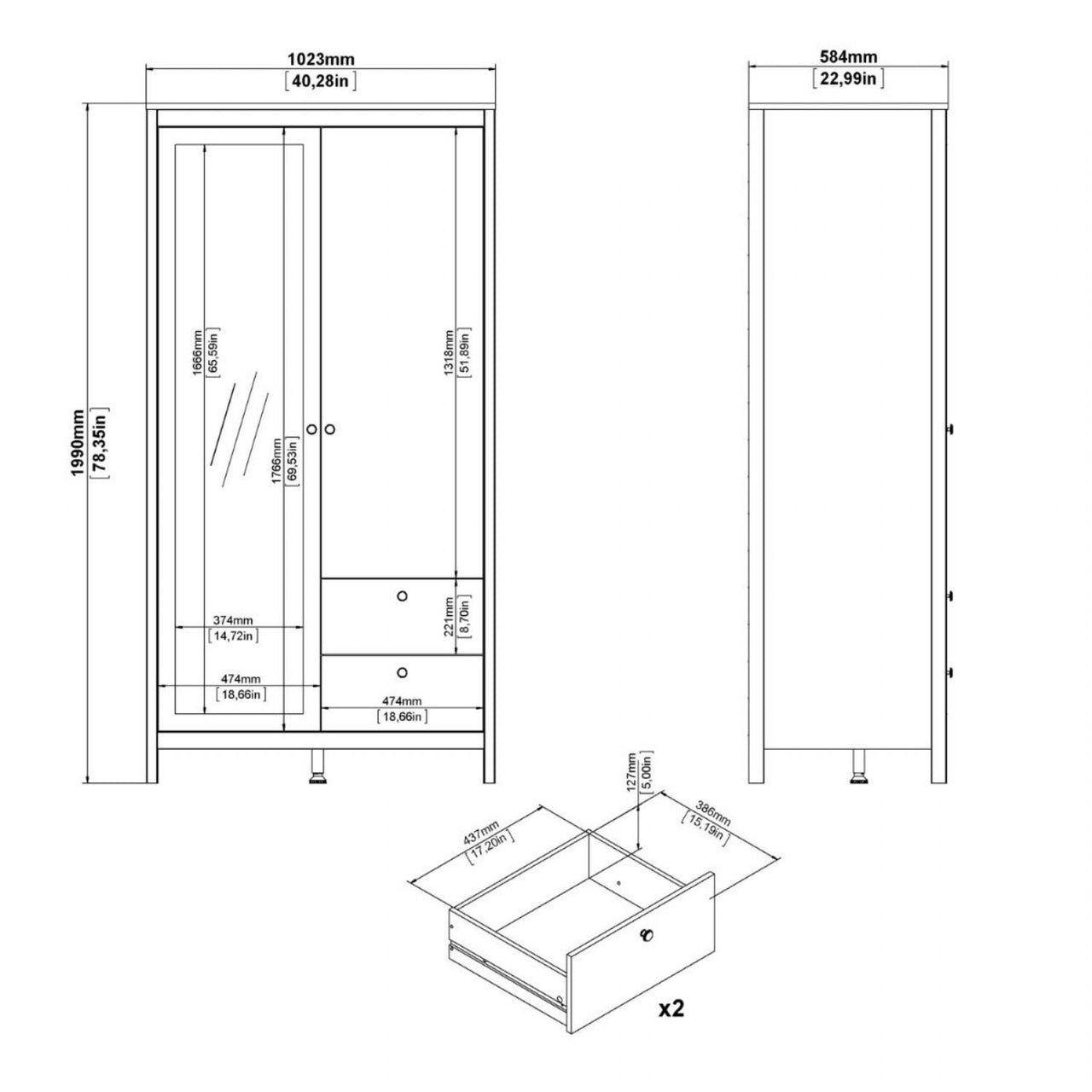 Barcelona Wardrobe with 1 door 1 mirror door + 2 drawers White