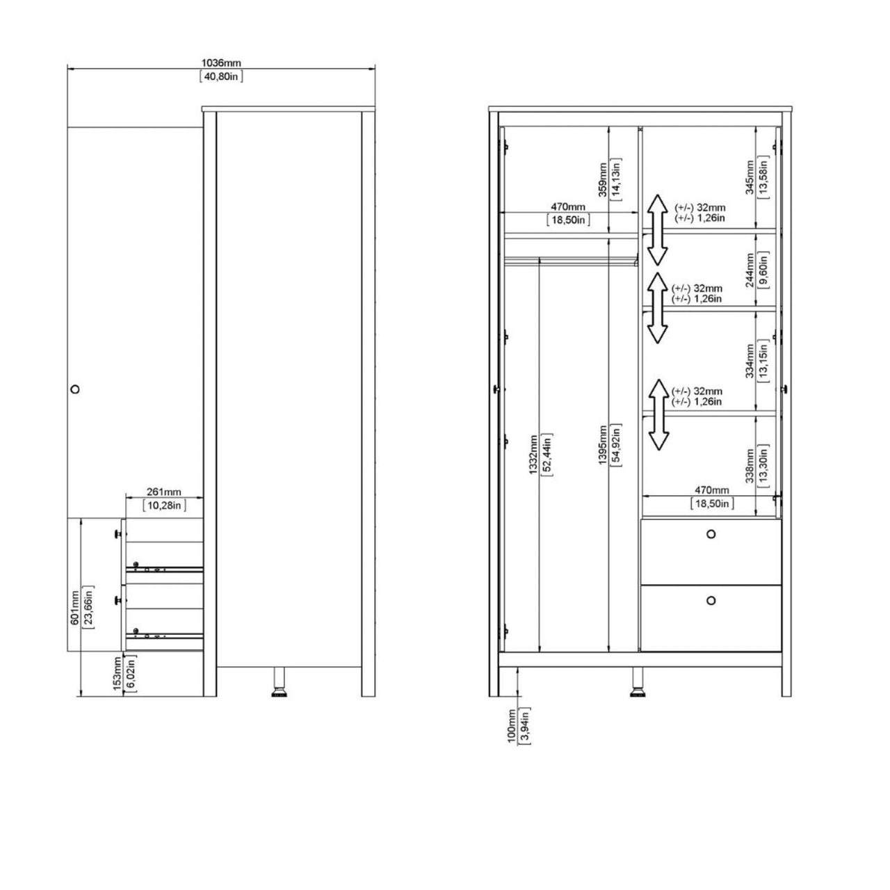 Barcelona Wardrobe with 1 door 1 mirror door + 2 drawers White