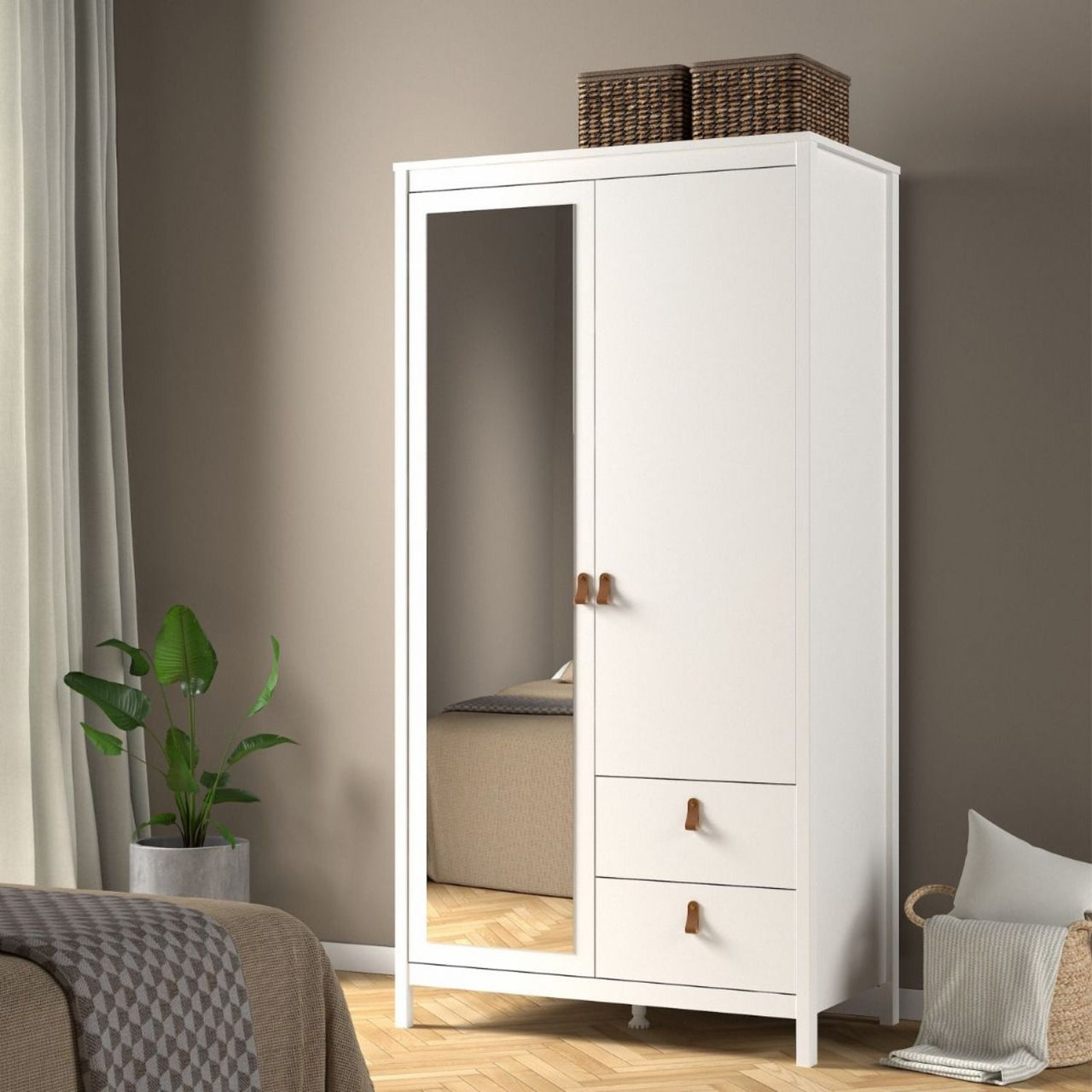 Barcelona Wardrobe with 1 door 1 mirror door + 2 drawers White