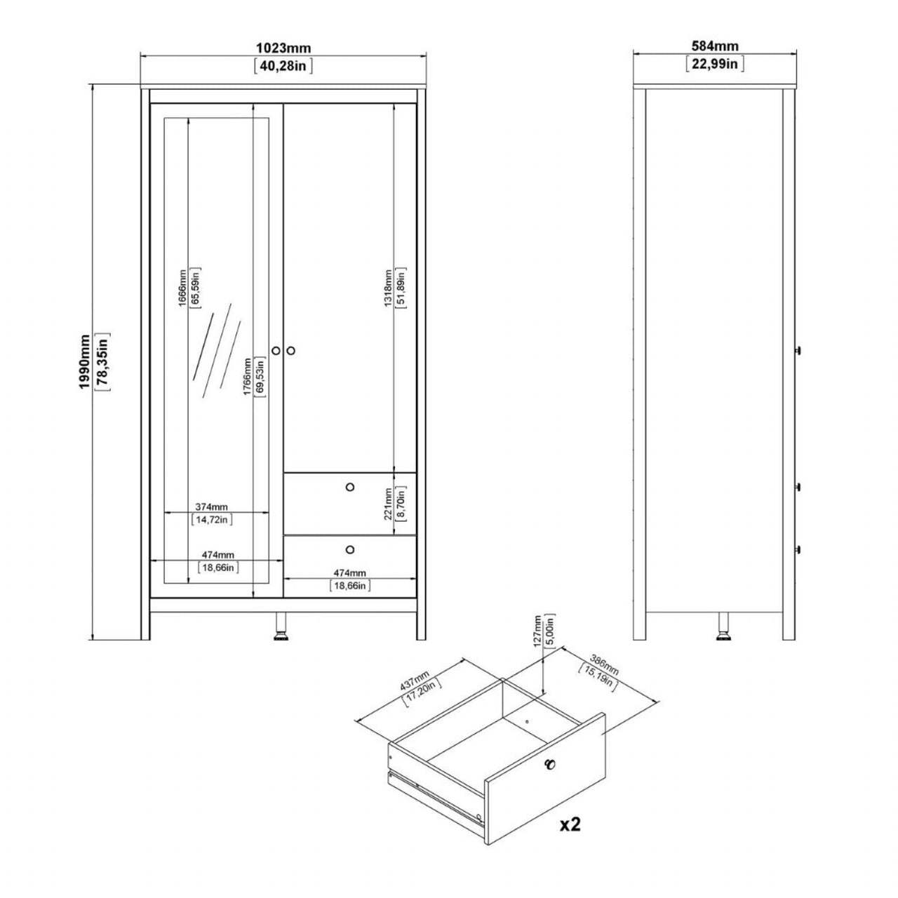 Barcelona Wardrobe with 1 door 1 Mirror Door + 2 Drawers Matt Black