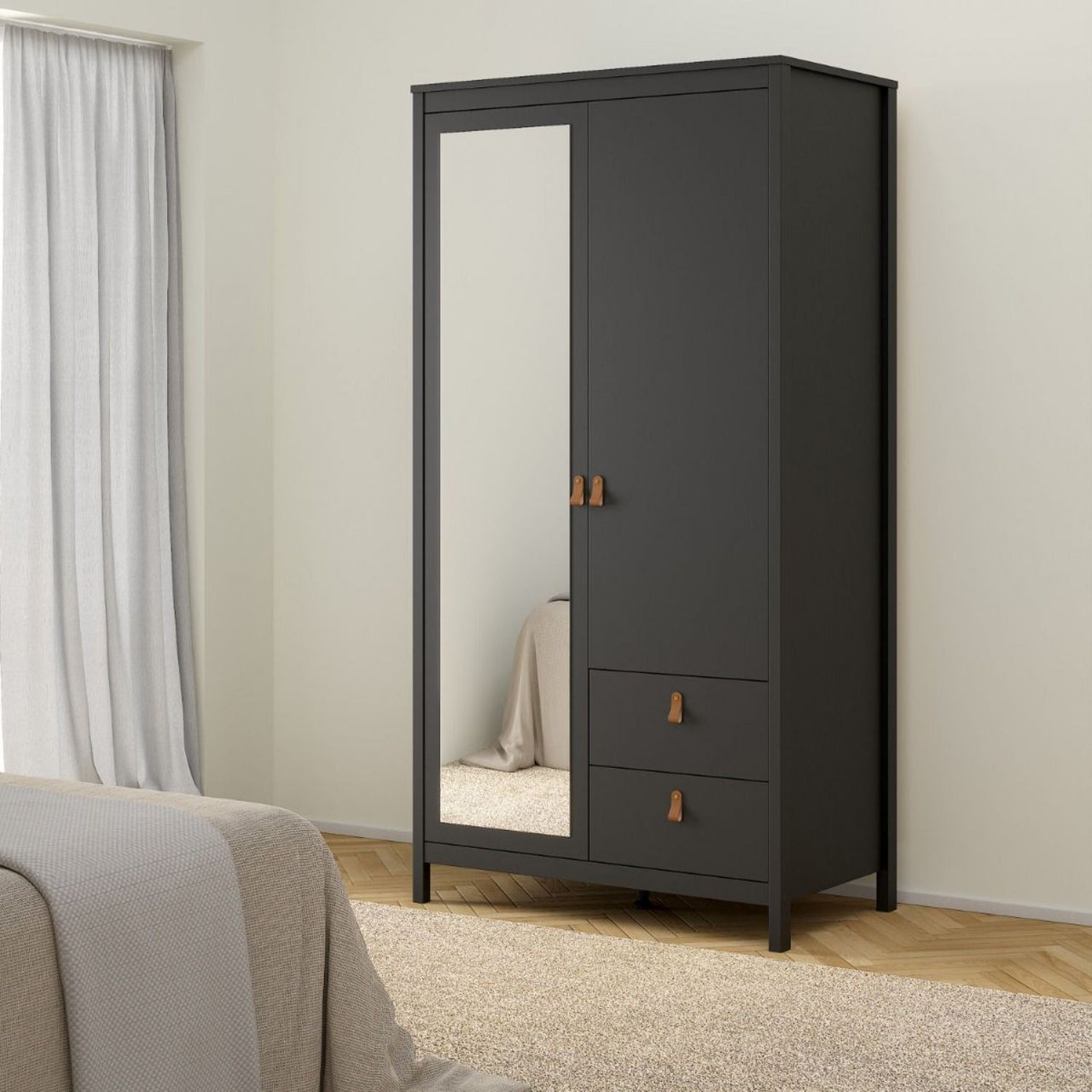 Barcelona Wardrobe with 1 door 1 Mirror Door + 2 Drawers Matt Black