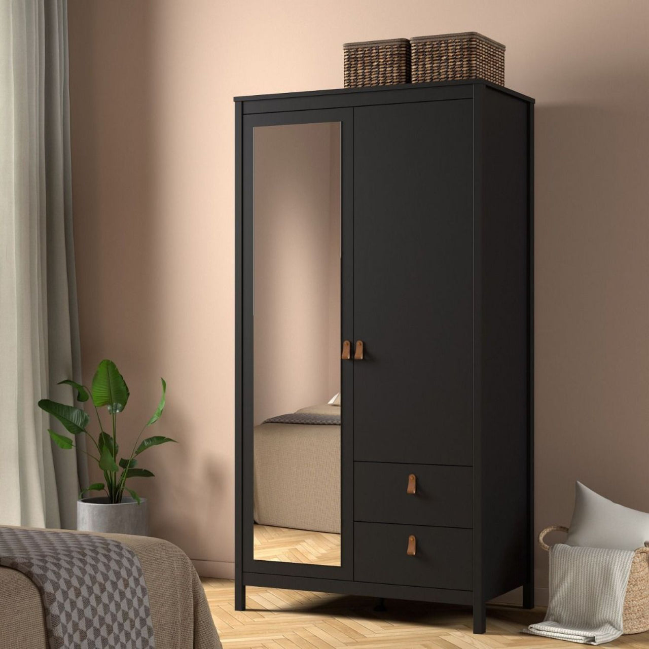 Barcelona Wardrobe with 1 door 1 Mirror Door + 2 Drawers Matt Black