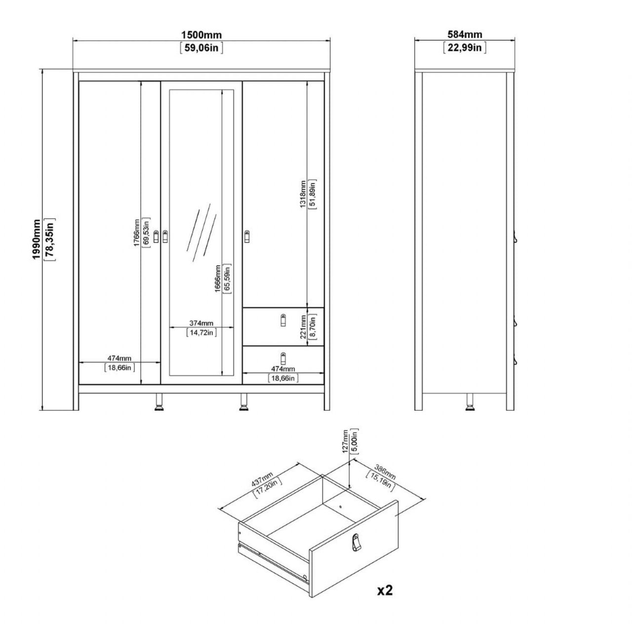 Barcelona Wardrobe with 2 doors 1 mirror door + 2 drawers White