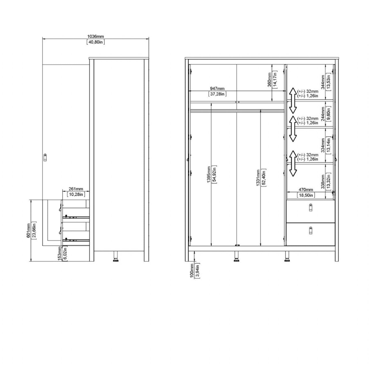 Barcelona Wardrobe with 2 doors 1 mirror door + 2 drawers White