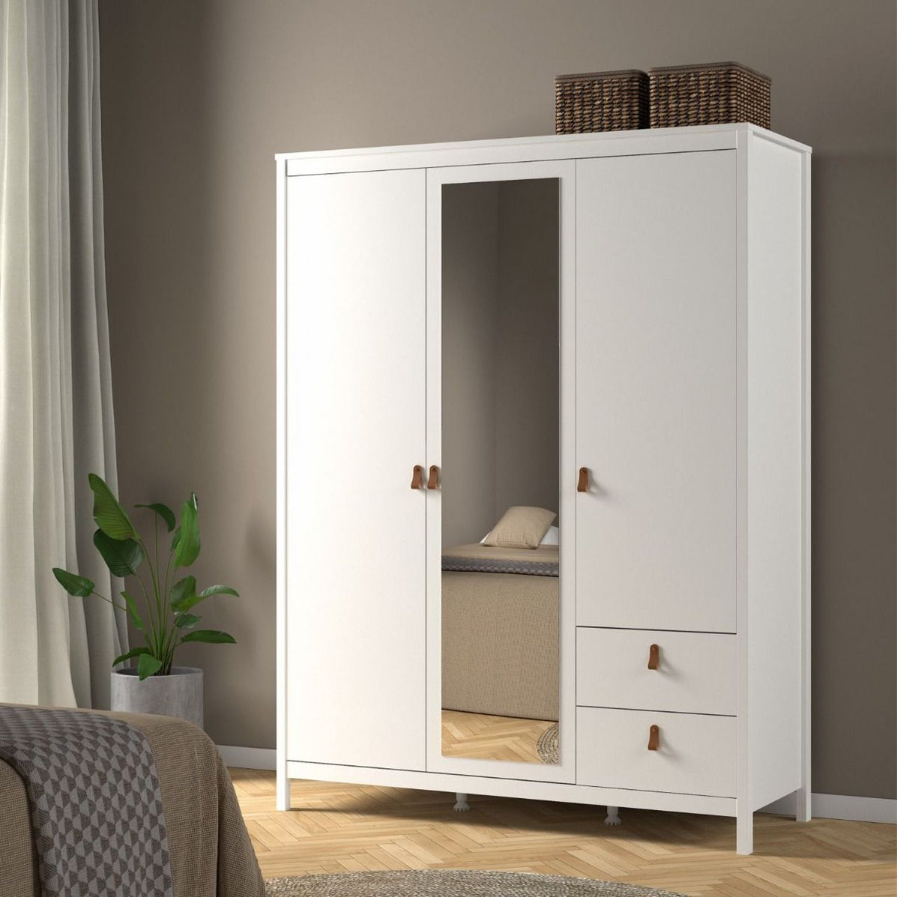 Barcelona Wardrobe with 2 doors 1 mirror door + 2 drawers White