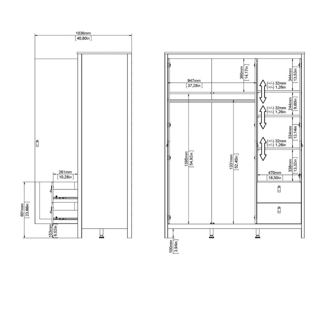 Barcelona Wardrobe with 2 doors 1 mirror door + 2 drawers Matt Black