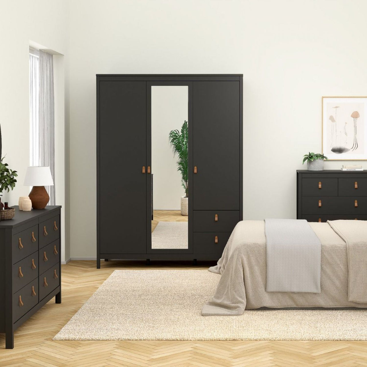 Barcelona Wardrobe with 2 doors 1 mirror door + 2 drawers Matt Black