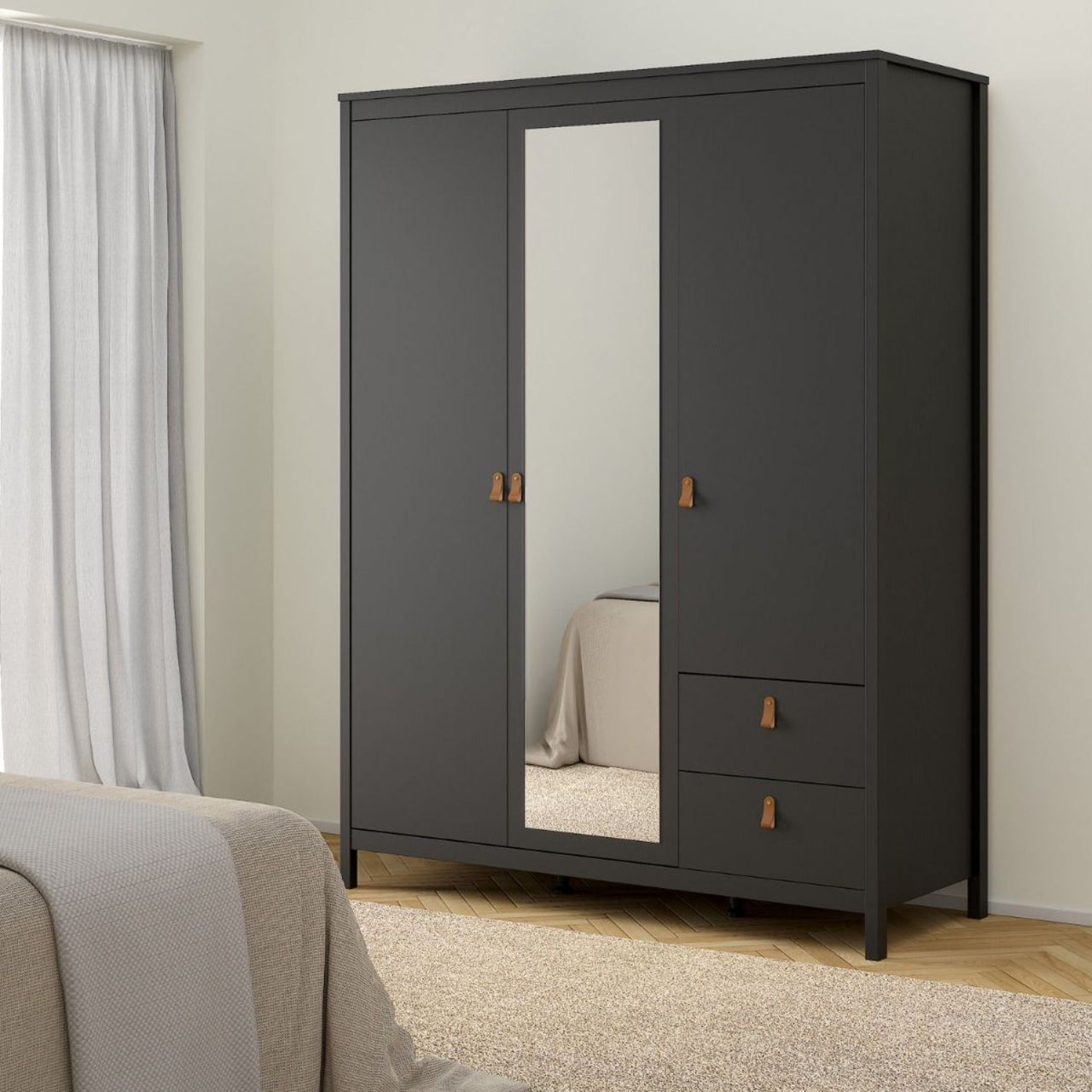 Barcelona Wardrobe with 2 doors 1 mirror door + 2 drawers Matt Black