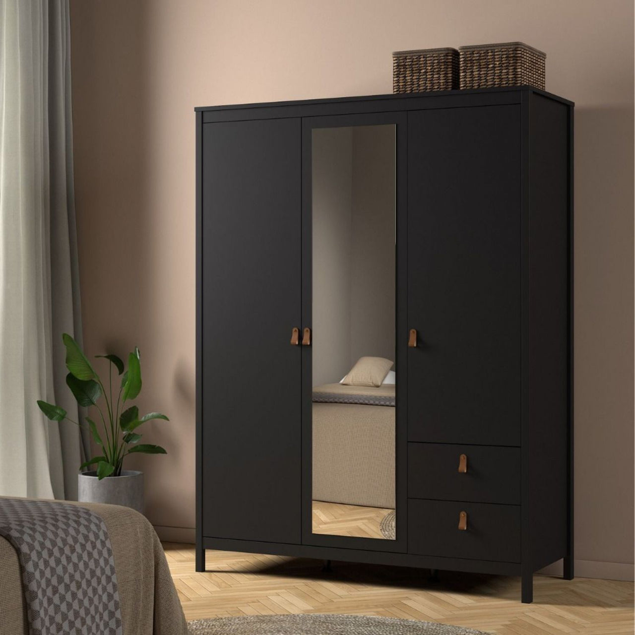 Barcelona Wardrobe with 2 doors 1 mirror door + 2 drawers Matt Black