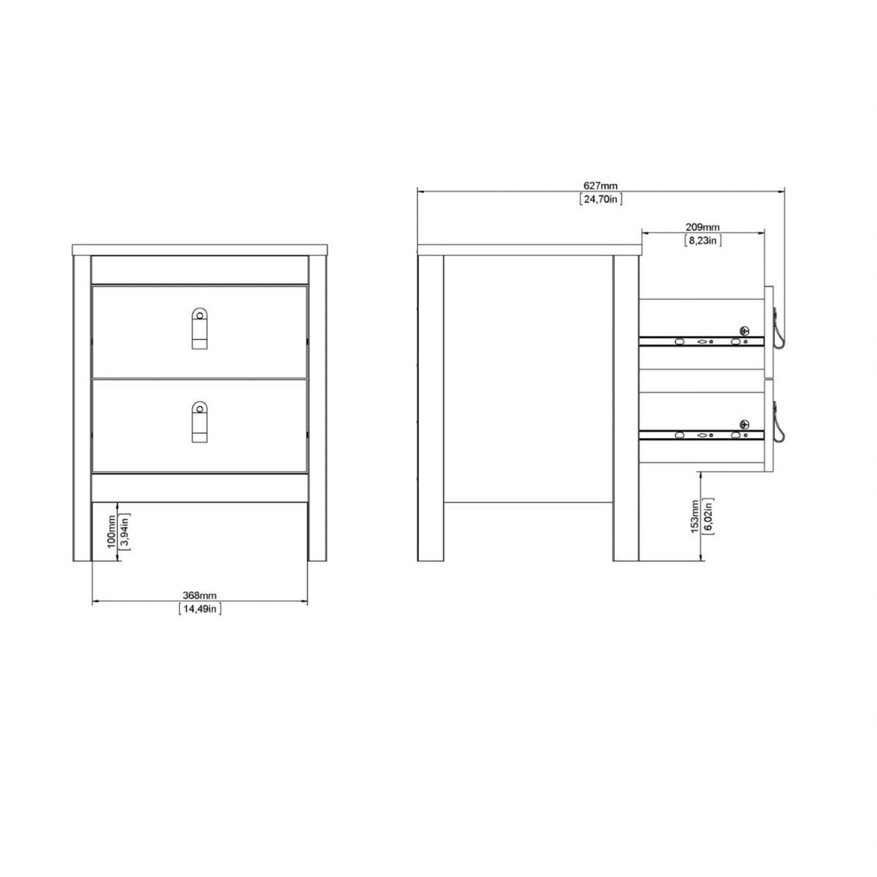 Matt Black 2 Drawer Bedside Cabinet