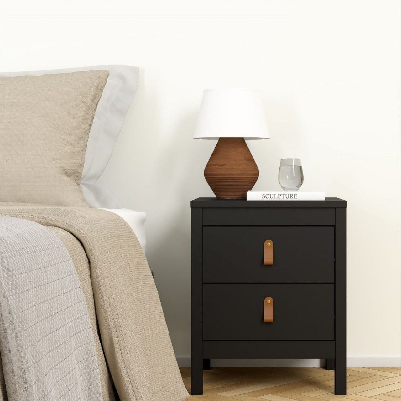 Matt Black 2 Drawer Bedside Cabinet