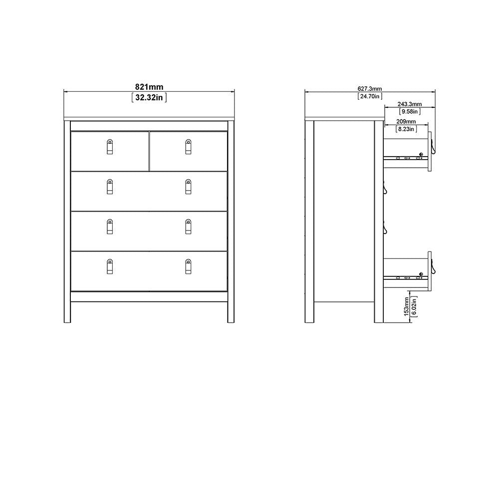 White 5 Drawer Chest With Brown Leather Tab Handles