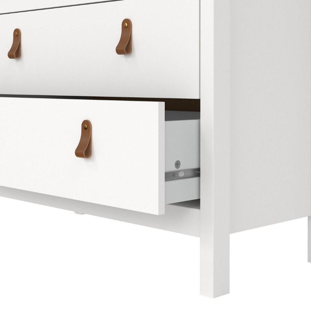 White 5 Drawer Chest With Brown Leather Tab Handles