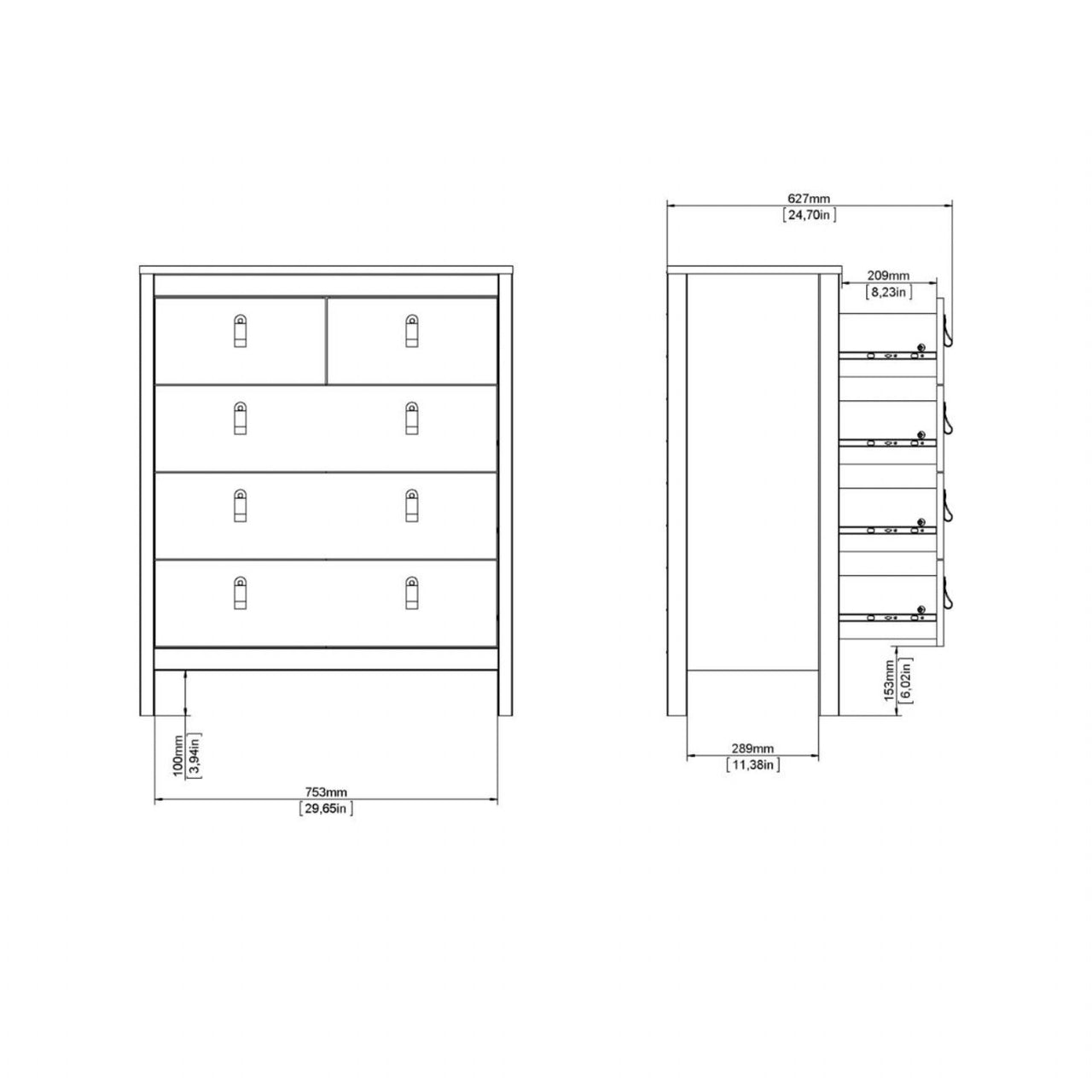 White 5 Drawer Chest With Brown Leather Tab Handles