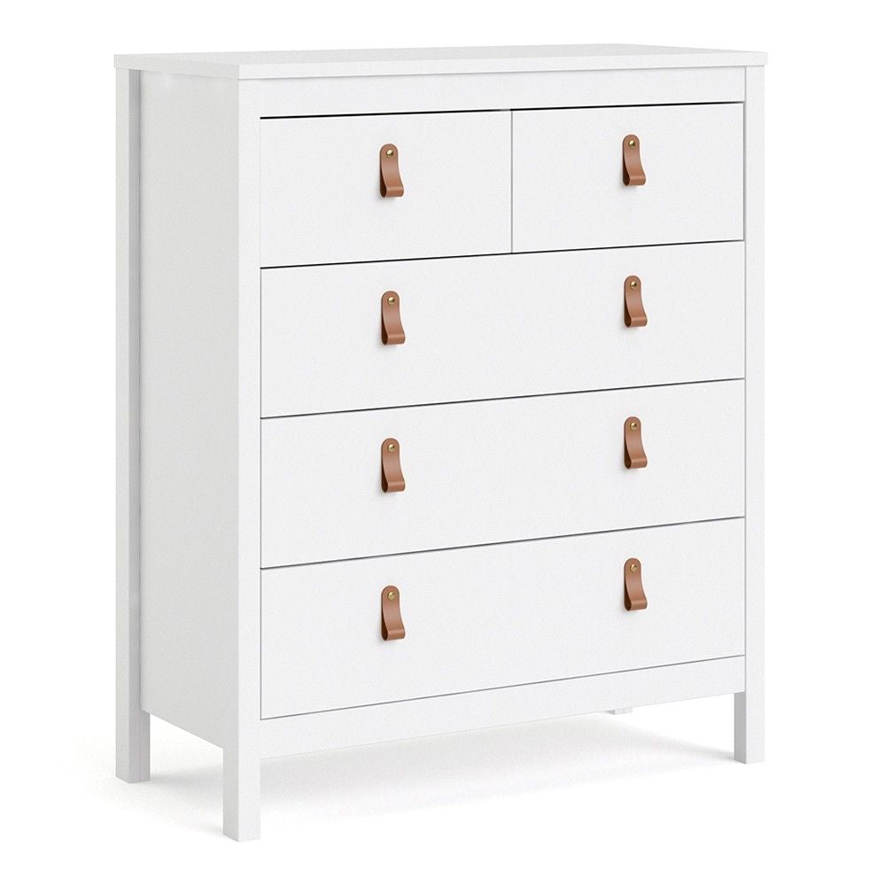 White 5 Drawer Chest With Brown Leather Tab Handles