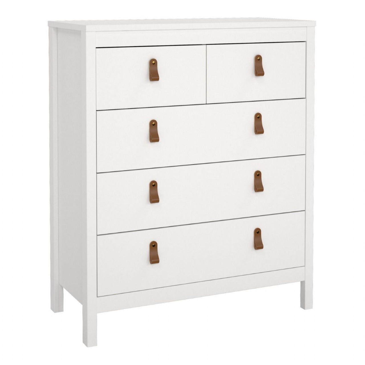 White 5 Drawer Chest With Brown Leather Tab Handles