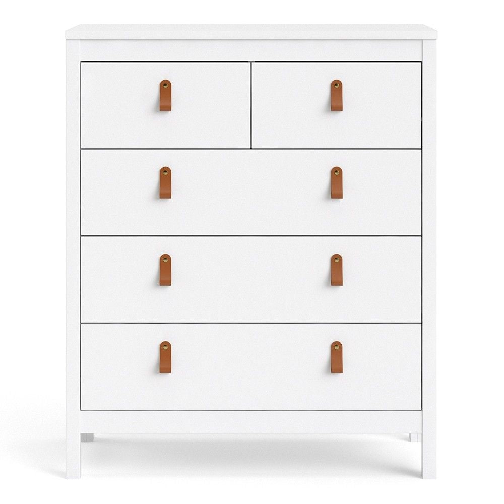 White 5 Drawer Chest With Brown Leather Tab Handles