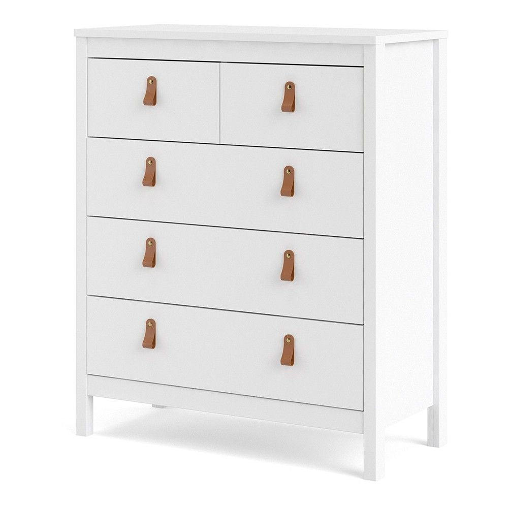 White 5 Drawer Chest With Brown Leather Tab Handles