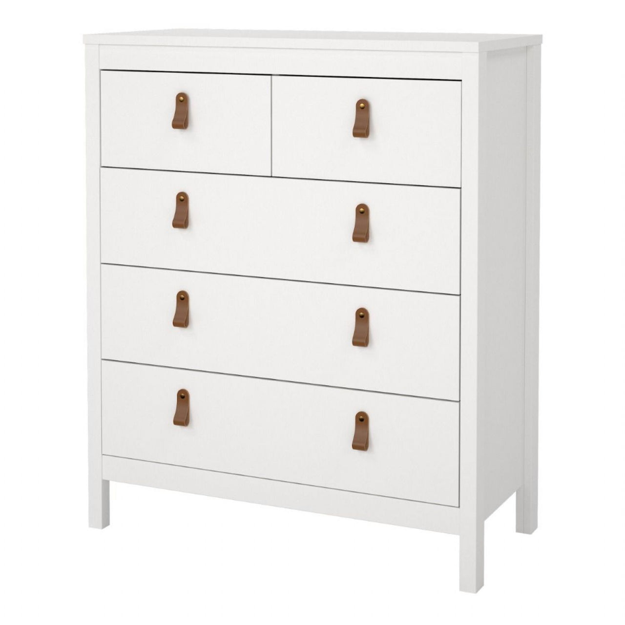 White 5 Drawer Chest With Brown Leather Tab Handles