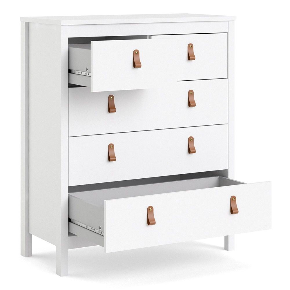 White 5 Drawer Chest With Brown Leather Tab Handles