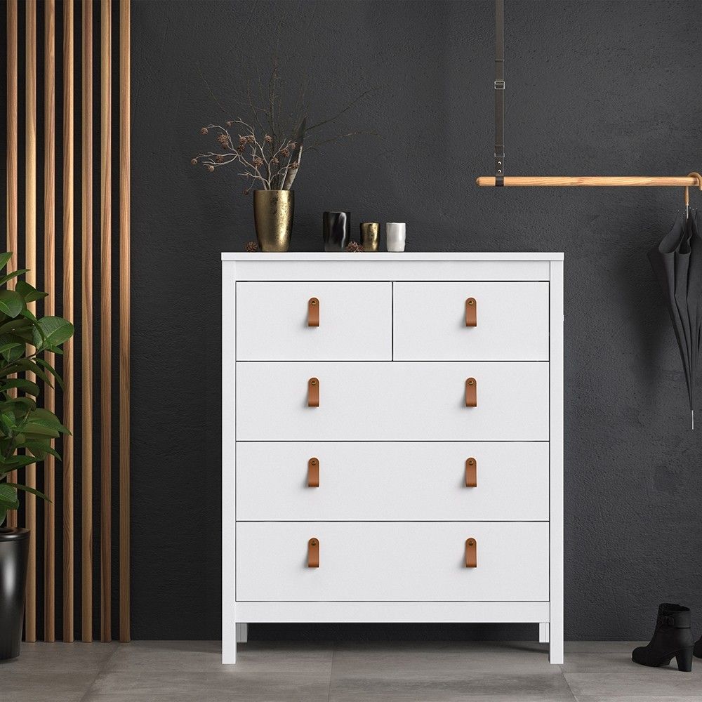 White 5 Drawer Chest With Brown Leather Tab Handles