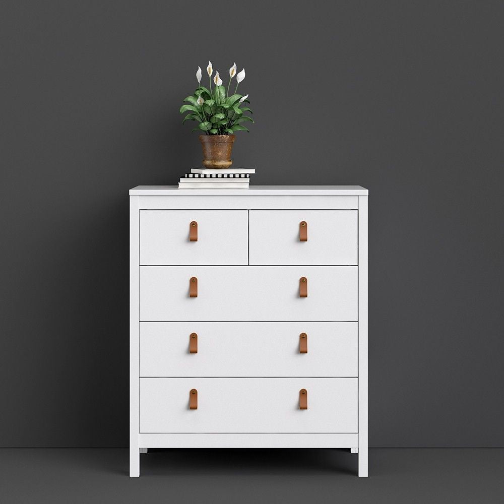 White 5 Drawer Chest With Brown Leather Tab Handles