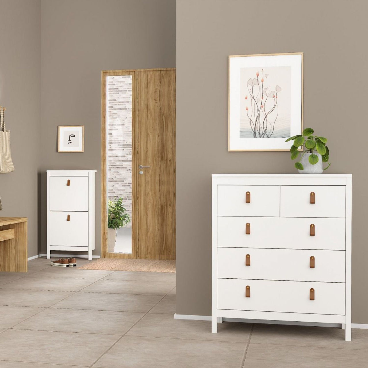 White 5 Drawer Chest With Brown Leather Tab Handles