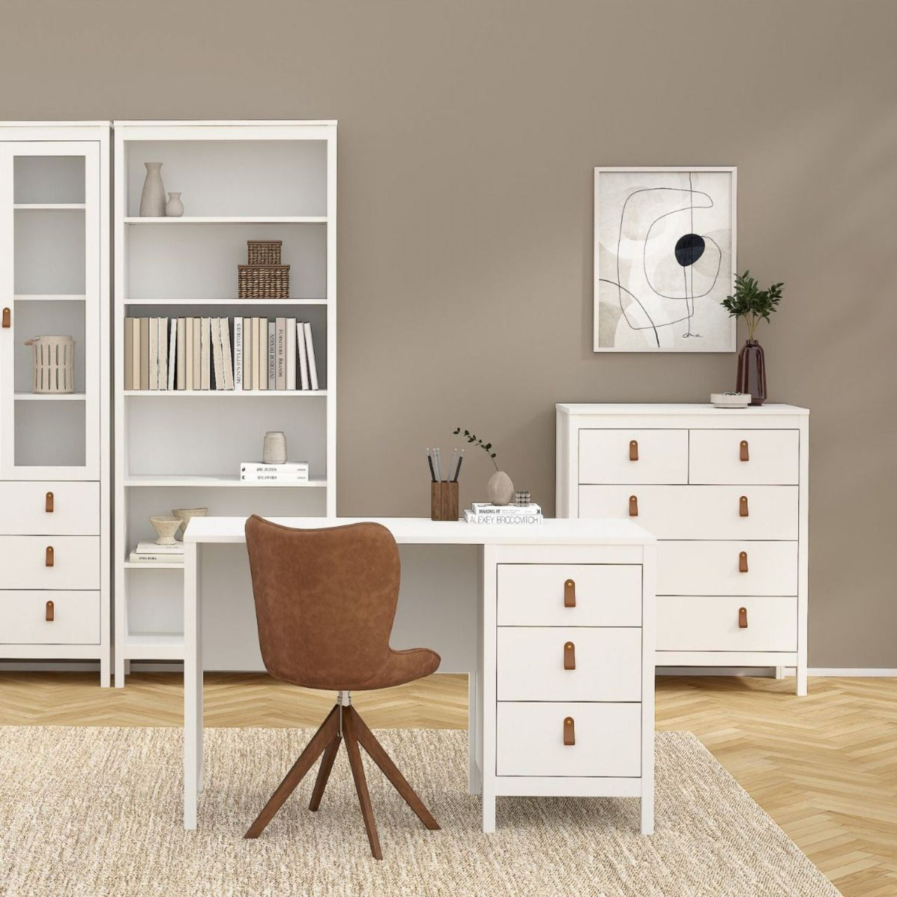 White 5 Drawer Chest With Brown Leather Tab Handles