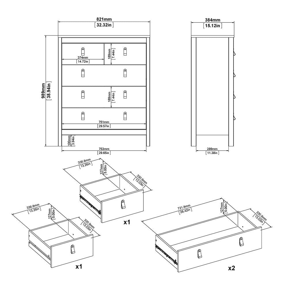 White 5 Drawer Chest With Brown Leather Tab Handles