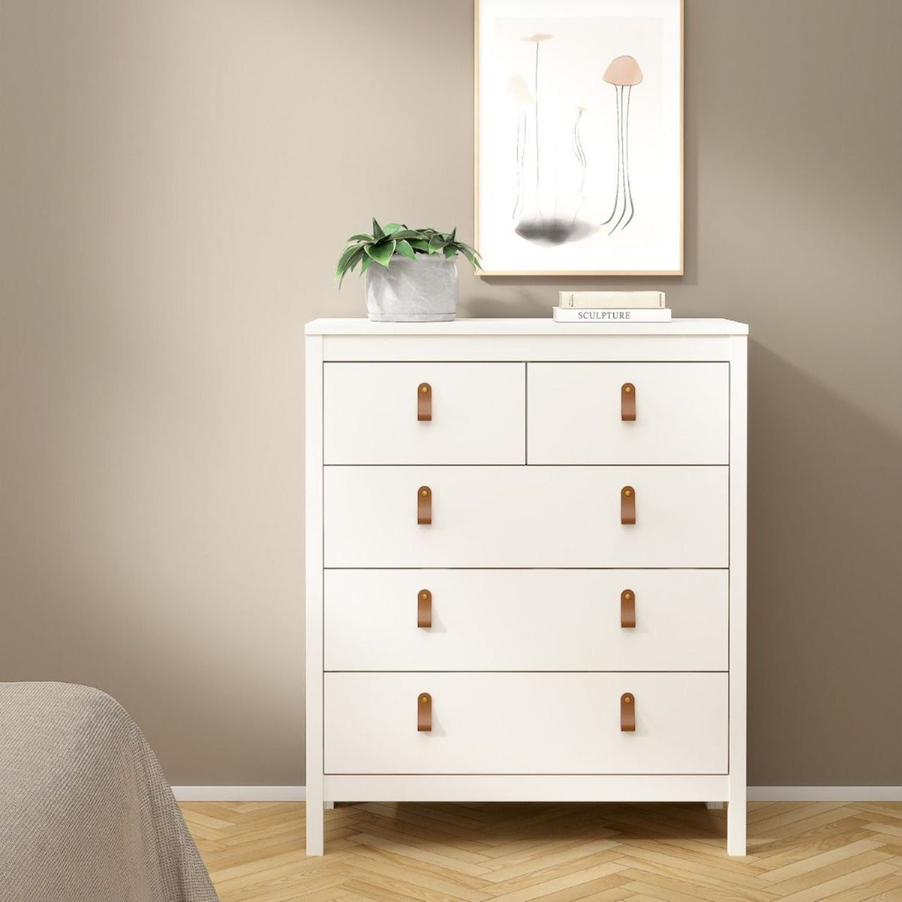 White 5 Drawer Chest With Brown Leather Tab Handles