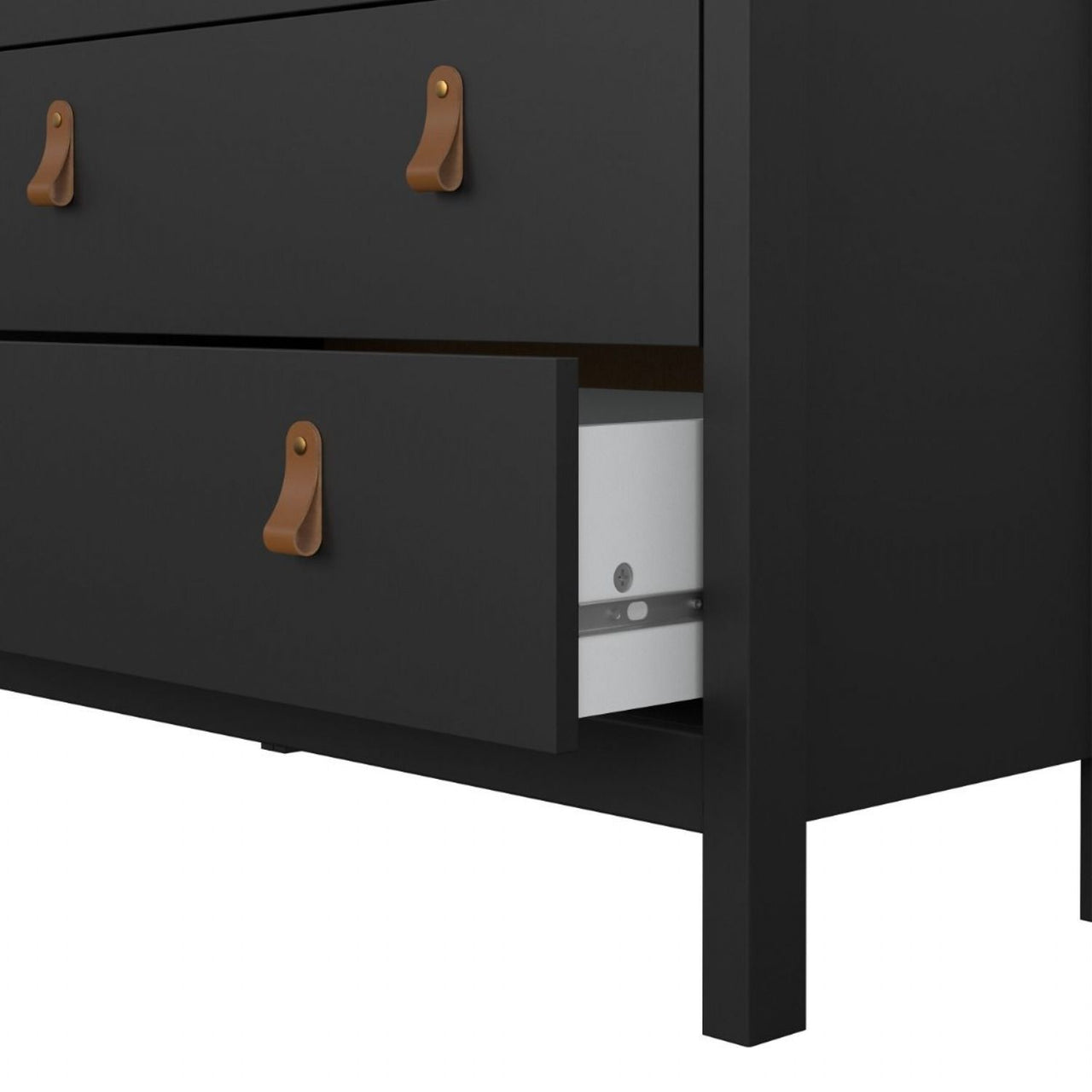 Chest of 5 Drawers Matt Black with Brown Leather Tab Handles