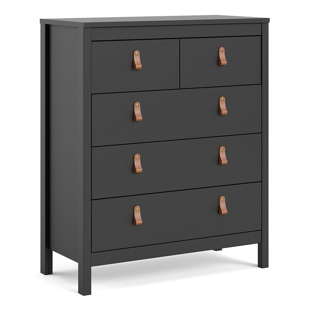 Chest of 5 Drawers Matt Black with Brown Leather Tab Handles