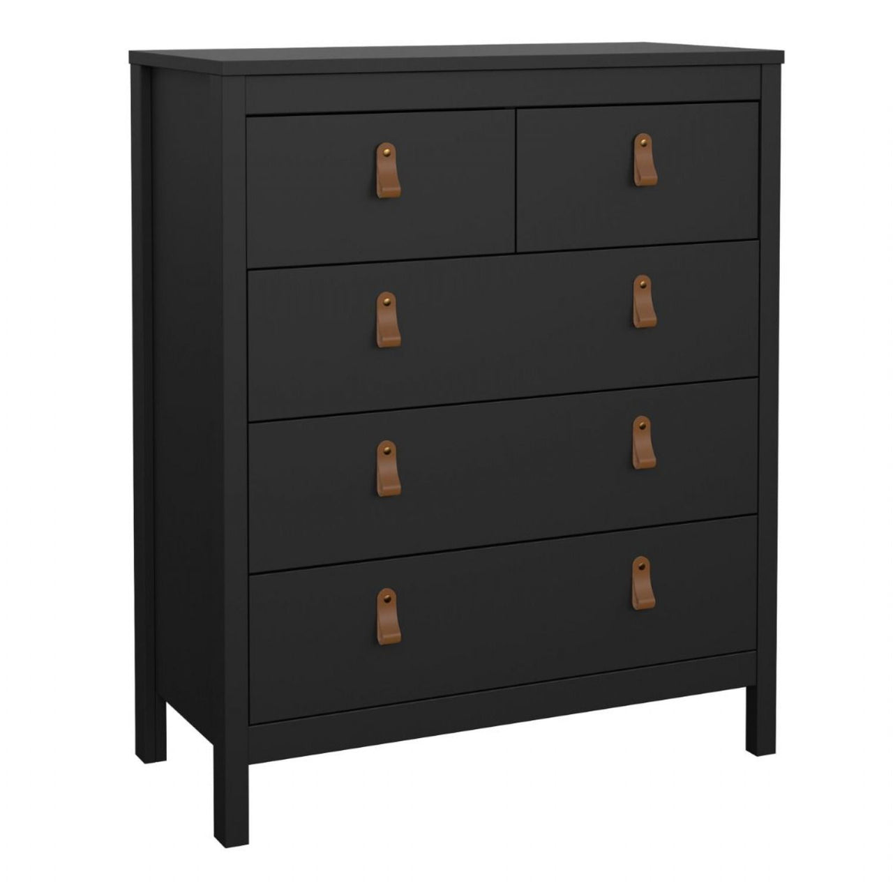 Chest of 5 Drawers Matt Black with Brown Leather Tab Handles